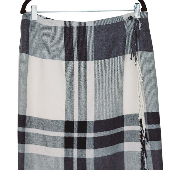 Worthington Gray Cream Plaid Fringe Wool Blend Wrap Maxi Skirt Size 16 Academia - Picture 5 of 10
